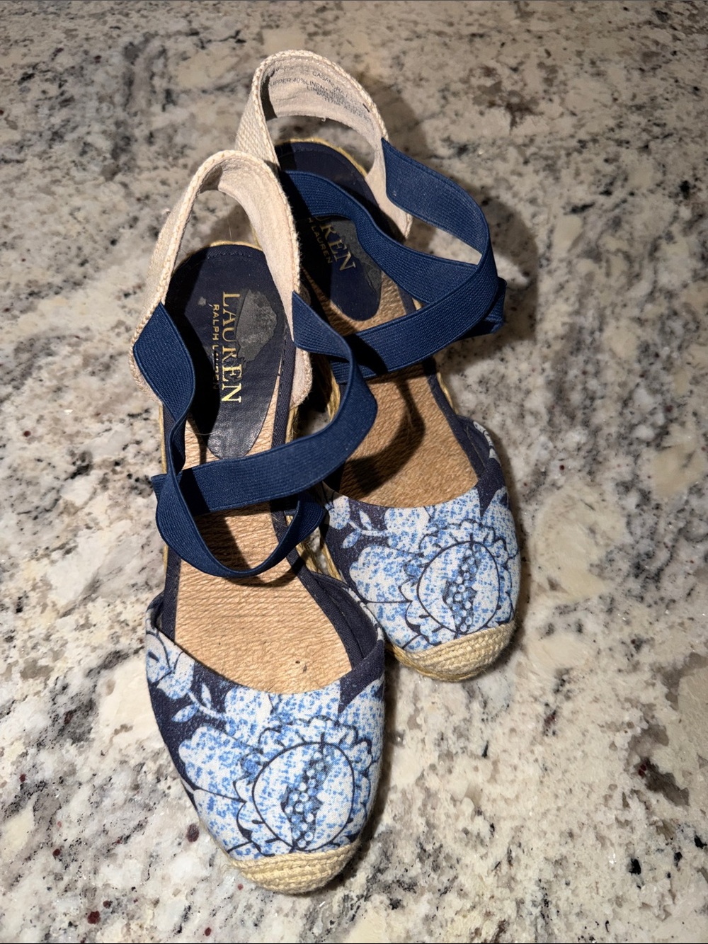 Ralph Lauren Navy Blue Floral Espadrille Wedges